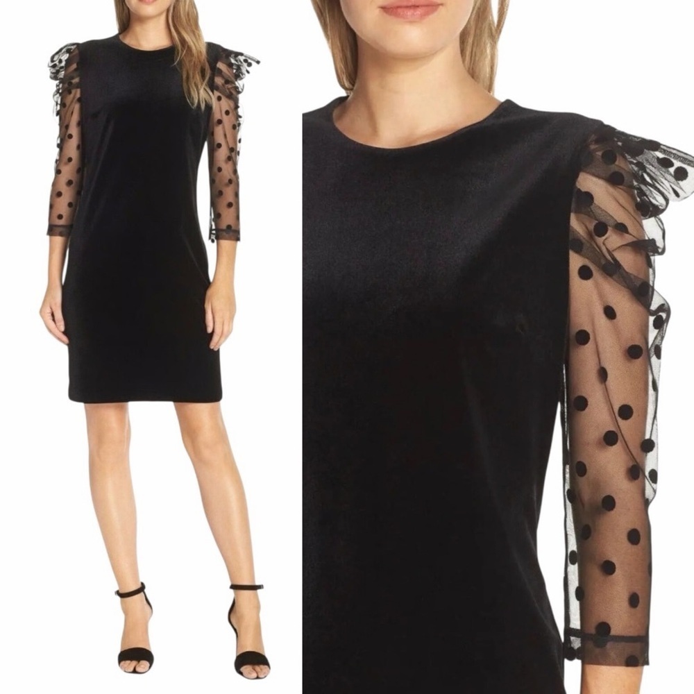 NWT! Julia Jordan Black Velvet Swiss Dot Puff-Sleeve Shift Cocktail Dress Size 8